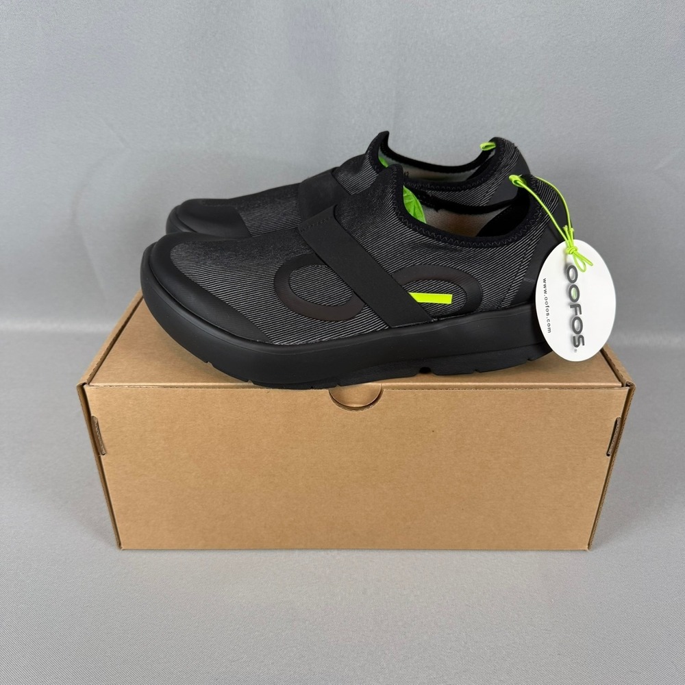 Oofos OOmg Fibre Low Recovery Sneakers Mens 8.5 Black Gray Slip-On Shoes New NIB